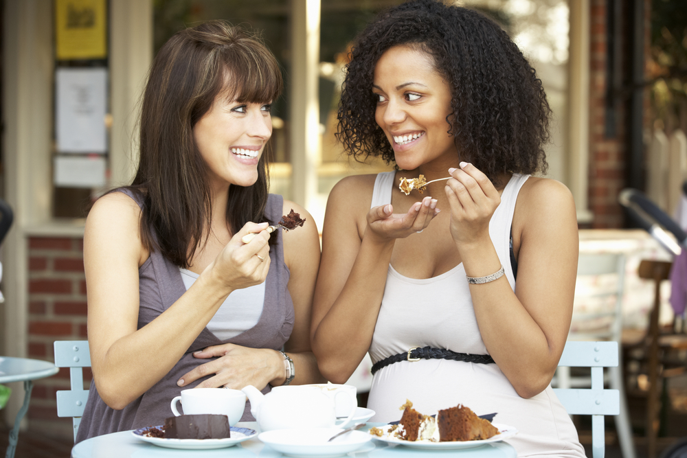 Two women eating lunch in Tacoma, WA.